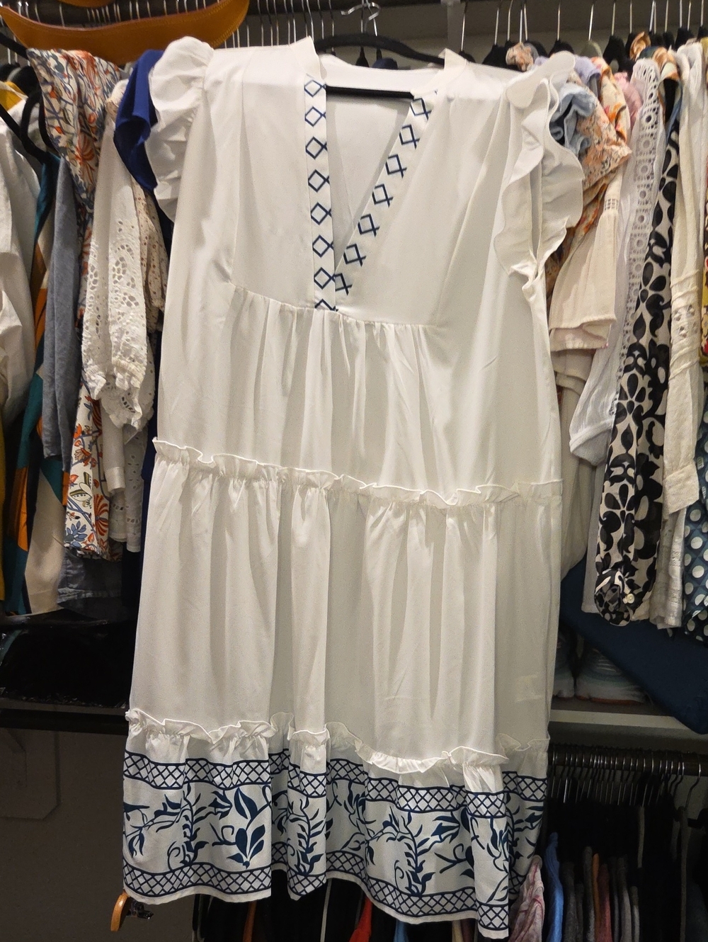 White Embroidered Ruffle-Sleeve Tiered Dress